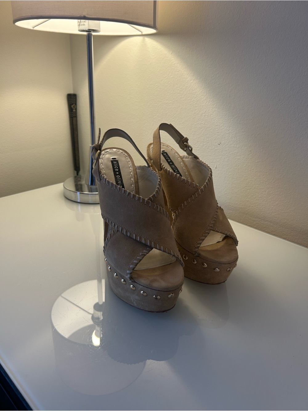 Alice + Olivia Taupe Suede Crisscross Platform Wedge Sandals